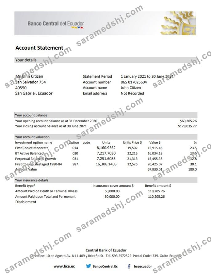 Ecuador Central Bank of Ecuador bank statement easy to fill template in Excel and PDF format